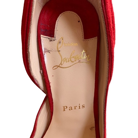 Christian Louboutin Barbara 100 Oeillet Red Suede Peep Toe Bow Heel Pumps - Picture 6 of 13